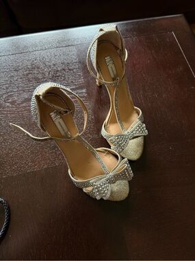 INC International Concepts Gold T-Strap Rhinestone Bow Heels